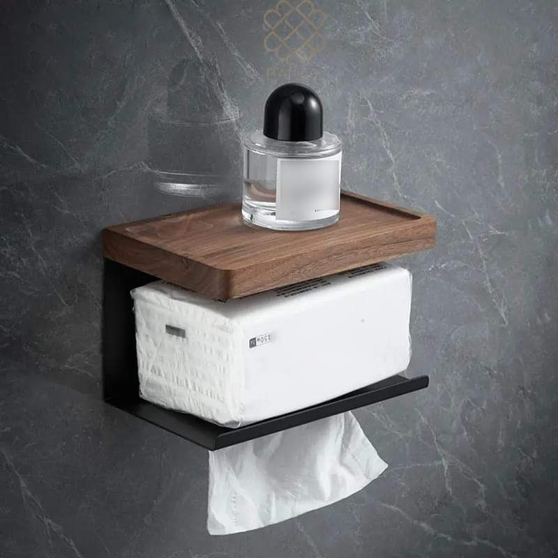 حامل مناديل بانيوكس استانلس 304 اسود مع رف خشبي