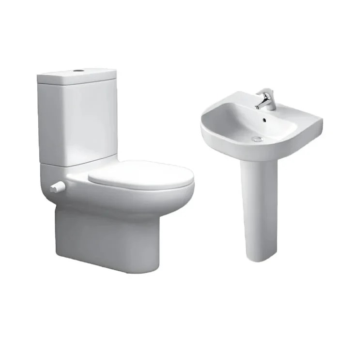 طقم صحي تواليت ملاصق بلايا ابيض ايديال ستاندرد بغطاء عادي وحوض 60 سم بالعامود