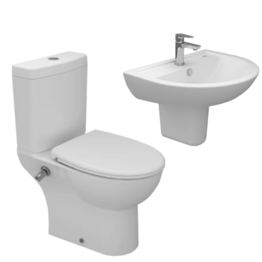 طقم حمام روزيتا مرحاض كامل سيدلي عادي و حوض 45 × 36.5 سم بالعامود المعلق من سانى بيور