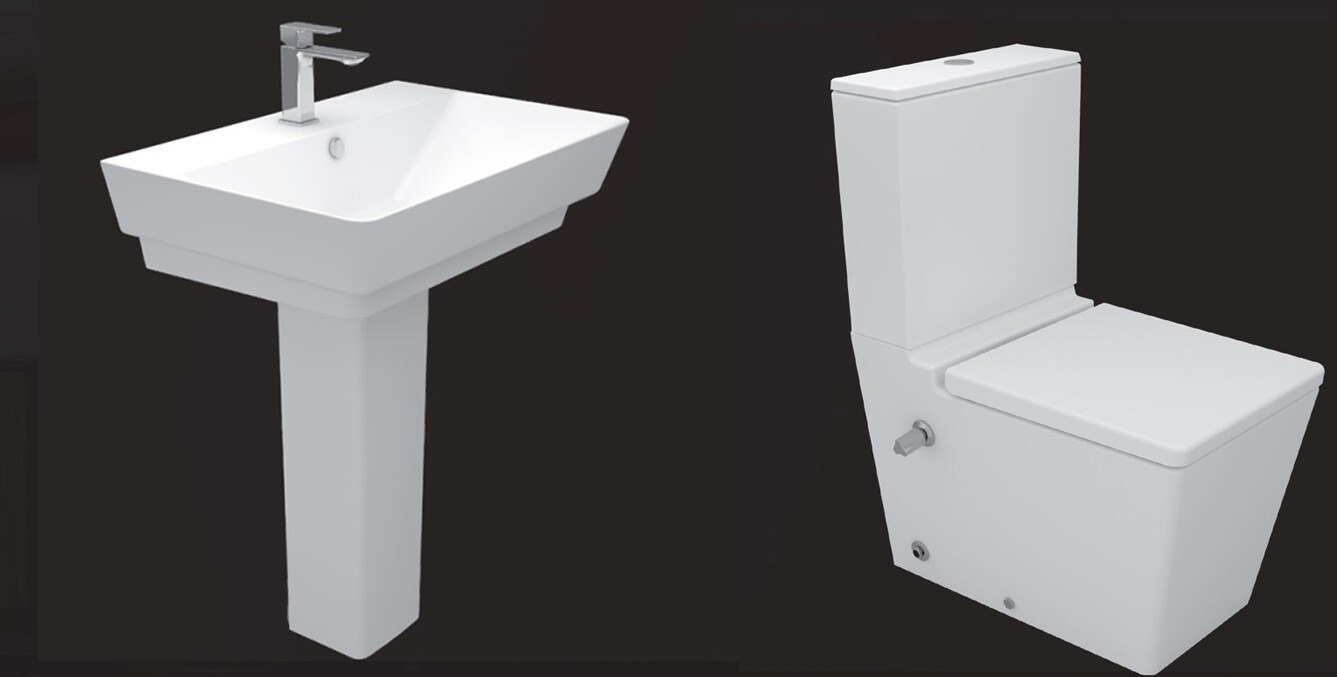 طقم حمام صحى سانيبيور (كيبلر) ابيض حوض + عمود + قاعدة فرنجي كاملة + سيدلي ذاتي الغلق