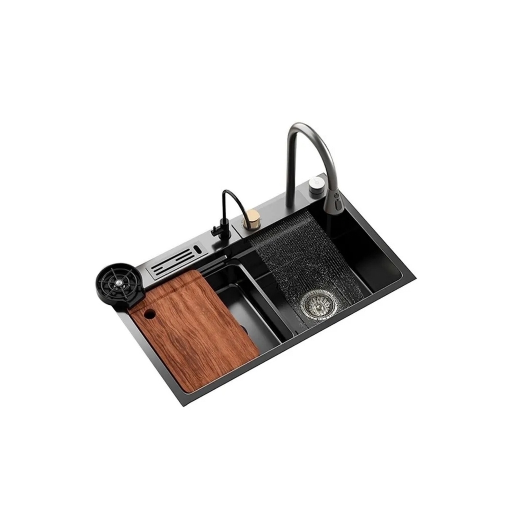 حوض مطبخ سمارت ديجيتال 60سم واحد ازرار بخلاط شداد 3 نظام و 2 خلاط شلال بحنفية فلتر بالصرف 3 بوصة اللون اسود + غساله كوبيات